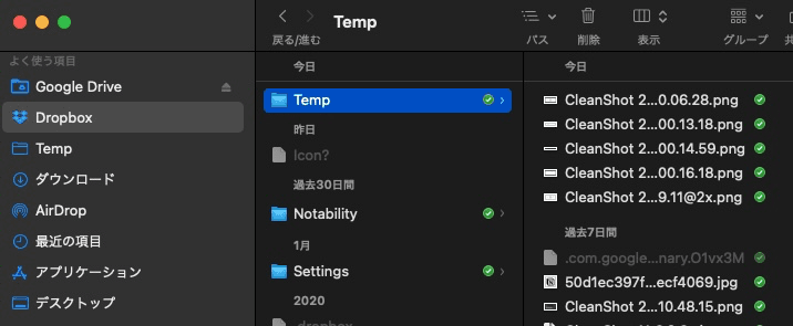 Temp ディレクトリのスクリーンショット